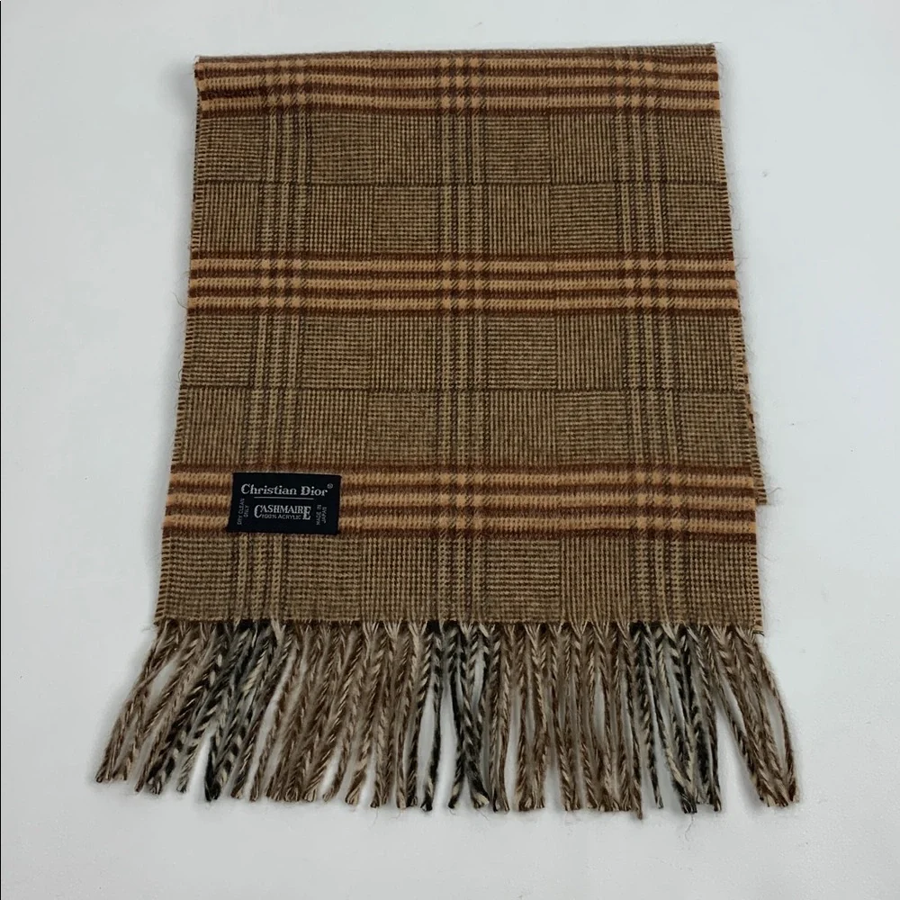 Vintage Christian Dior Tan and Brown plaid stripe Scarf Cashmaire Acrylic Japan